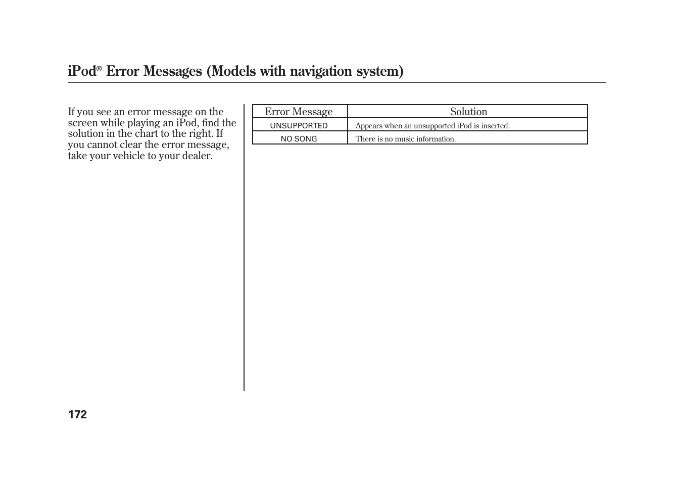 Ipod, Error messages (models with navigation system) | HONDA 2009 Element User Manual | Page 178 / 346