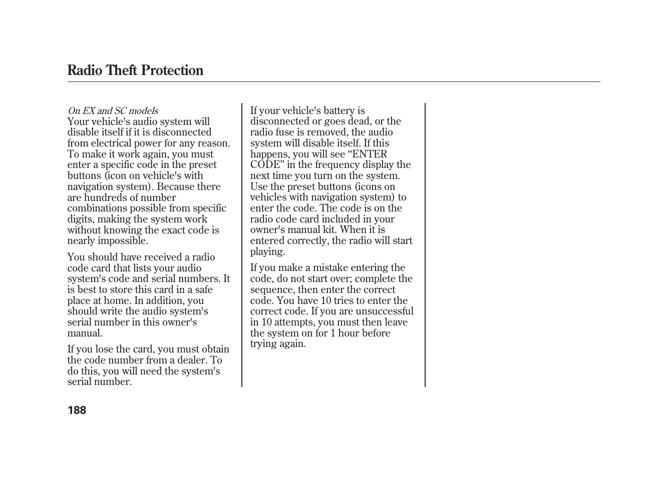 Radio theft protection | HONDA 2009 Element User Manual | Page 194 / 346