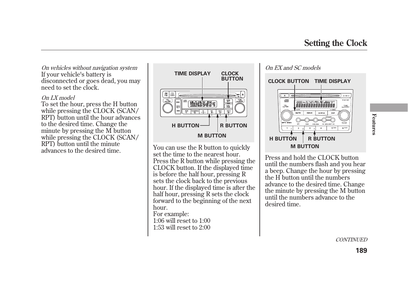 Setting the clock | HONDA 2009 Element User Manual | Page 195 / 346