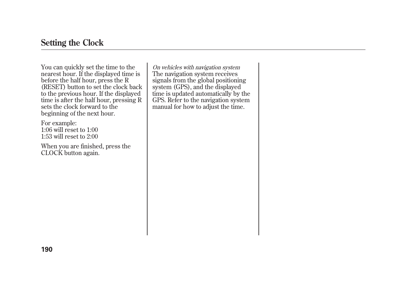 Setting the clock | HONDA 2009 Element User Manual | Page 196 / 346