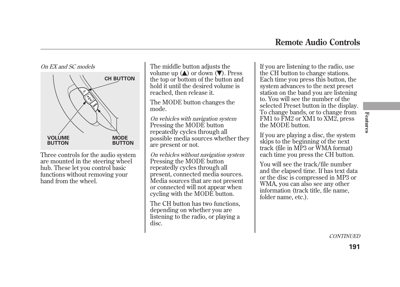 Remote audio controls | HONDA 2009 Element User Manual | Page 197 / 346