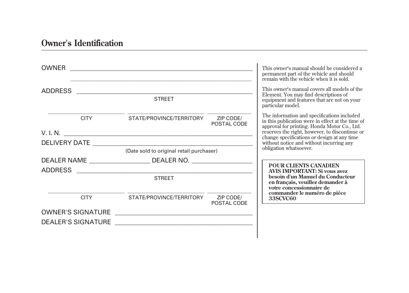 Owner's identification | HONDA 2009 Element User Manual | Page 2 / 346