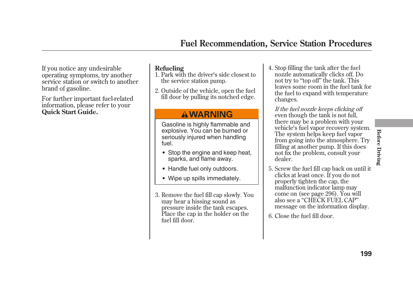 Fuel recommendation, service station procedures | HONDA 2009 Element User Manual | Page 205 / 346