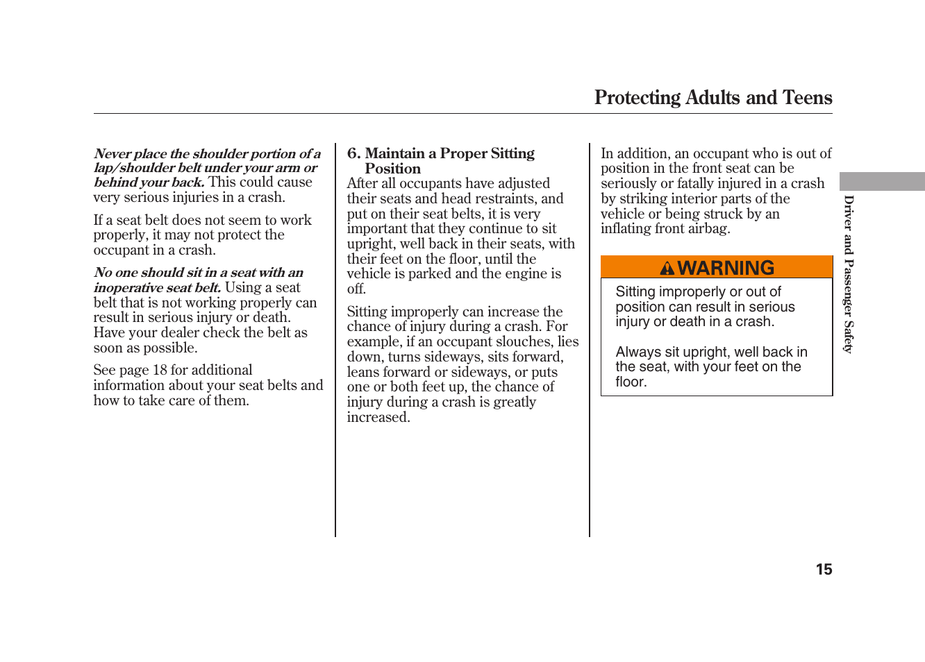 Protecting adults and teens | HONDA 2009 Element User Manual | Page 21 / 346
