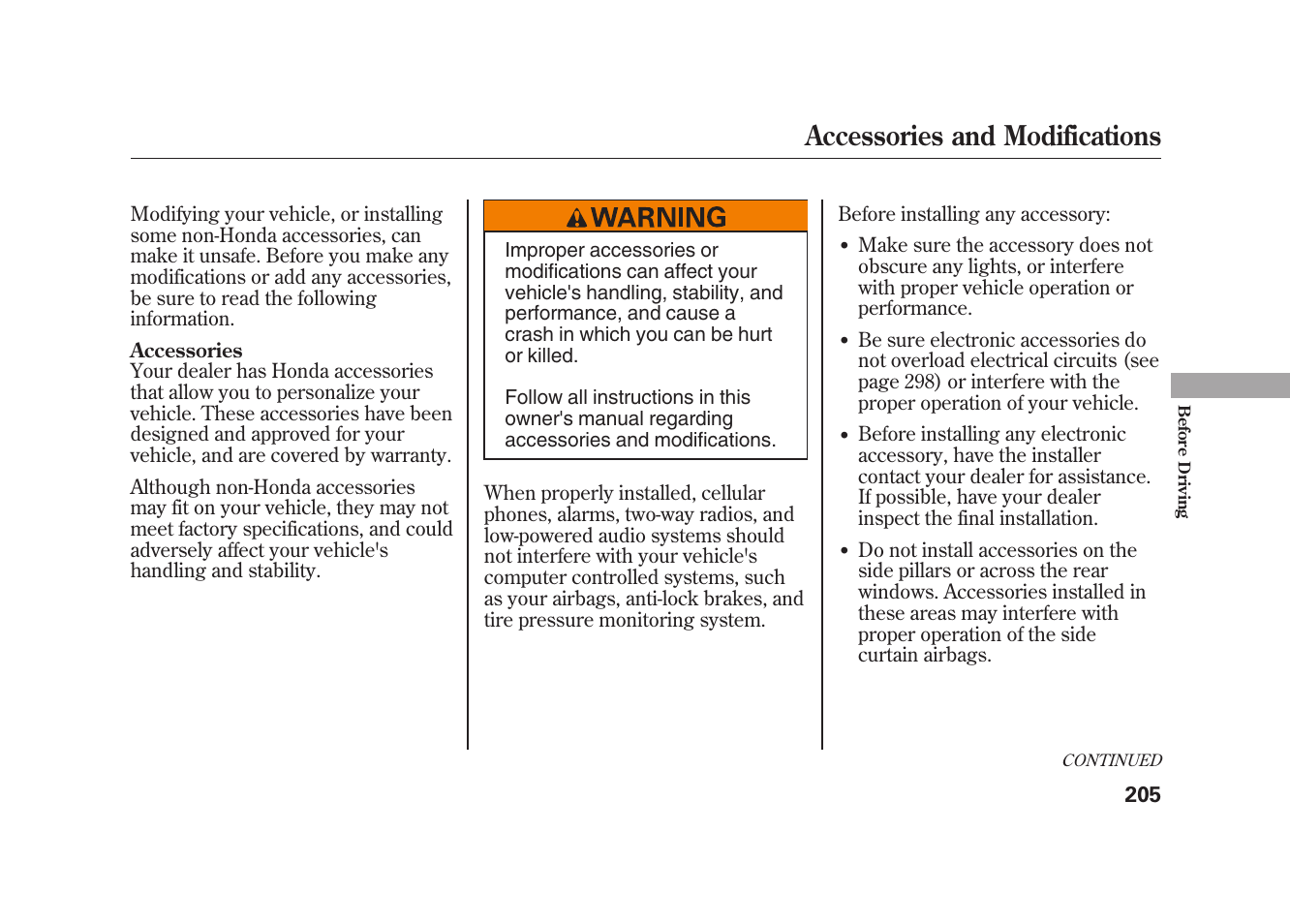 Accessories and modifications | HONDA 2009 Element User Manual | Page 211 / 346