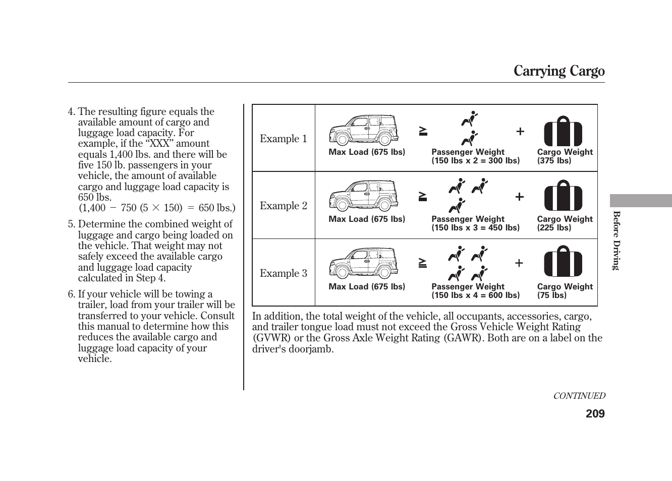 Carrying cargo | HONDA 2009 Element User Manual | Page 215 / 346