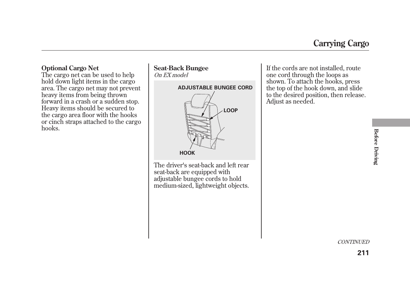 Carrying cargo | HONDA 2009 Element User Manual | Page 217 / 346