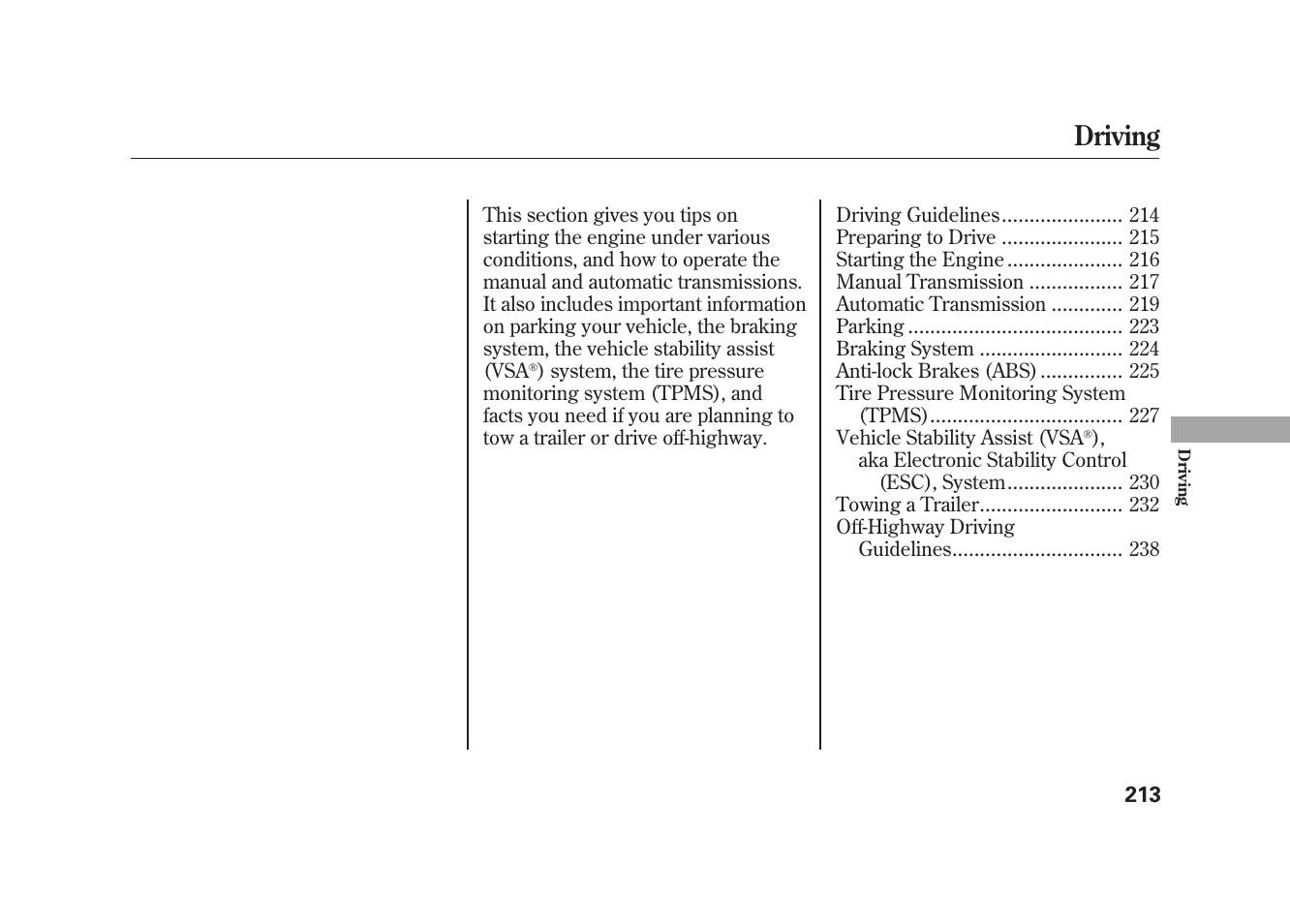 Driving | HONDA 2009 Element User Manual | Page 219 / 346