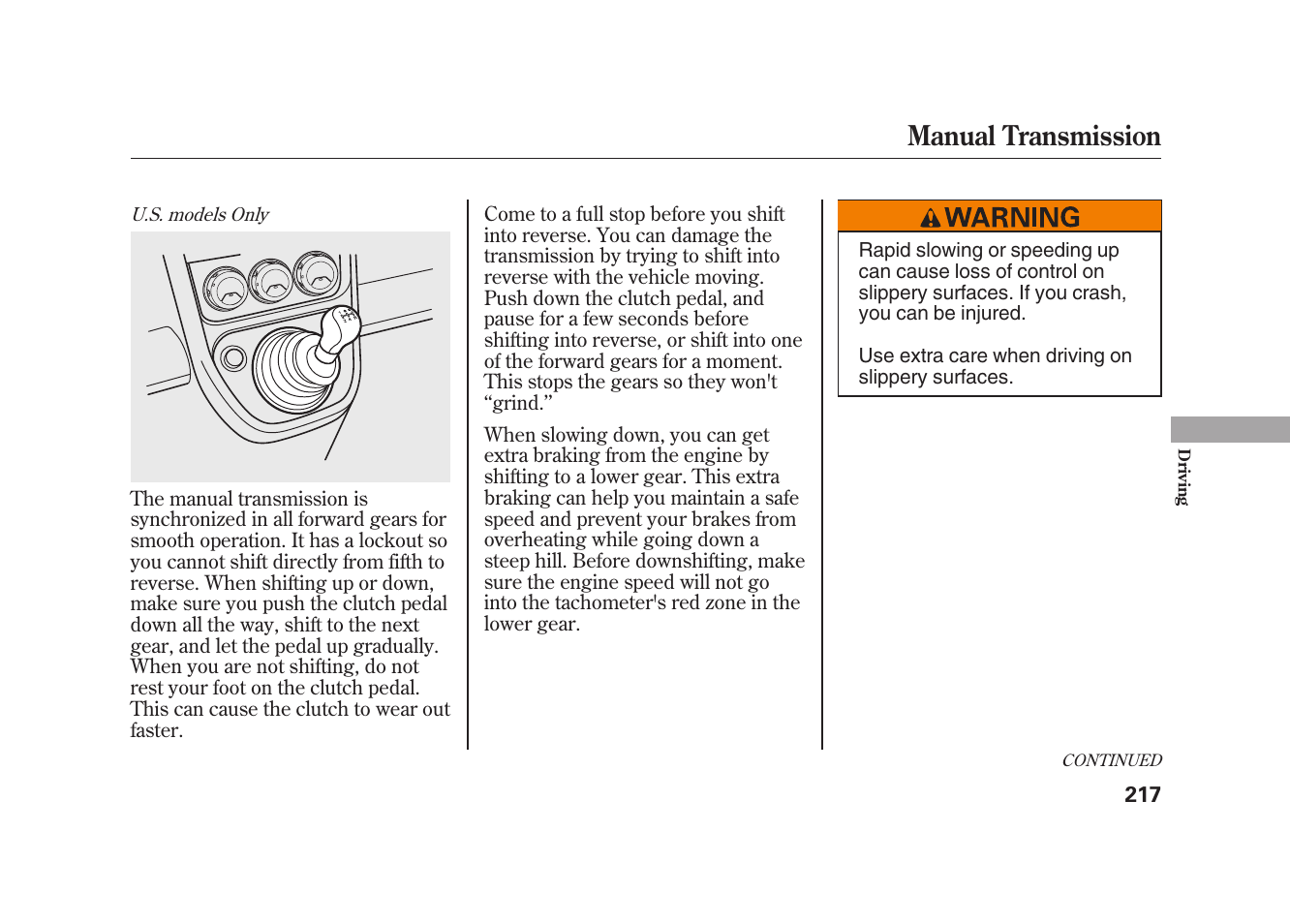 Manual transmission | HONDA 2009 Element User Manual | Page 223 / 346