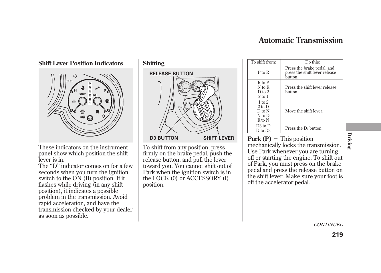Automatic transmission | HONDA 2009 Element User Manual | Page 225 / 346