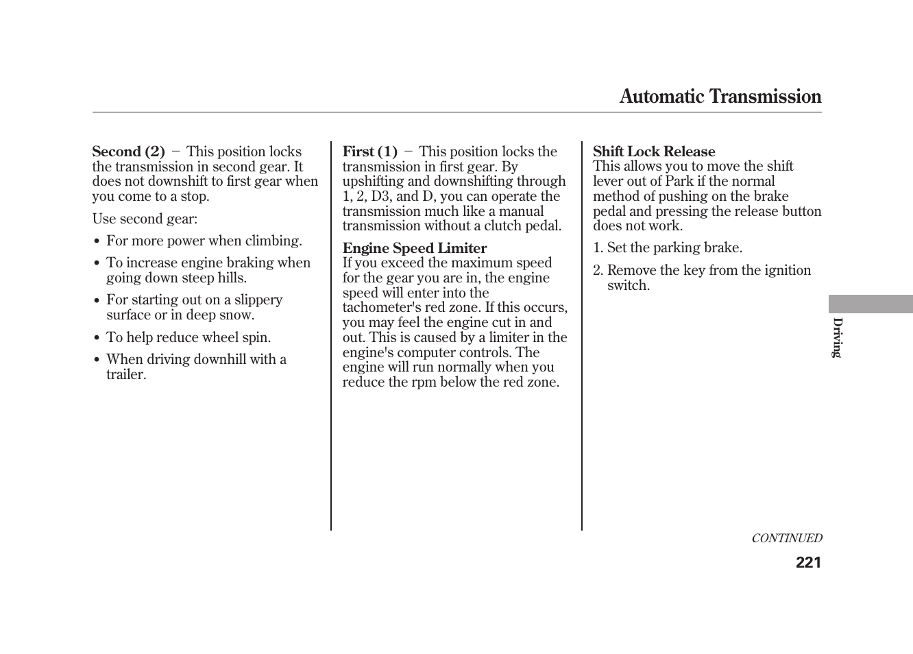 Automatic transmission | HONDA 2009 Element User Manual | Page 227 / 346