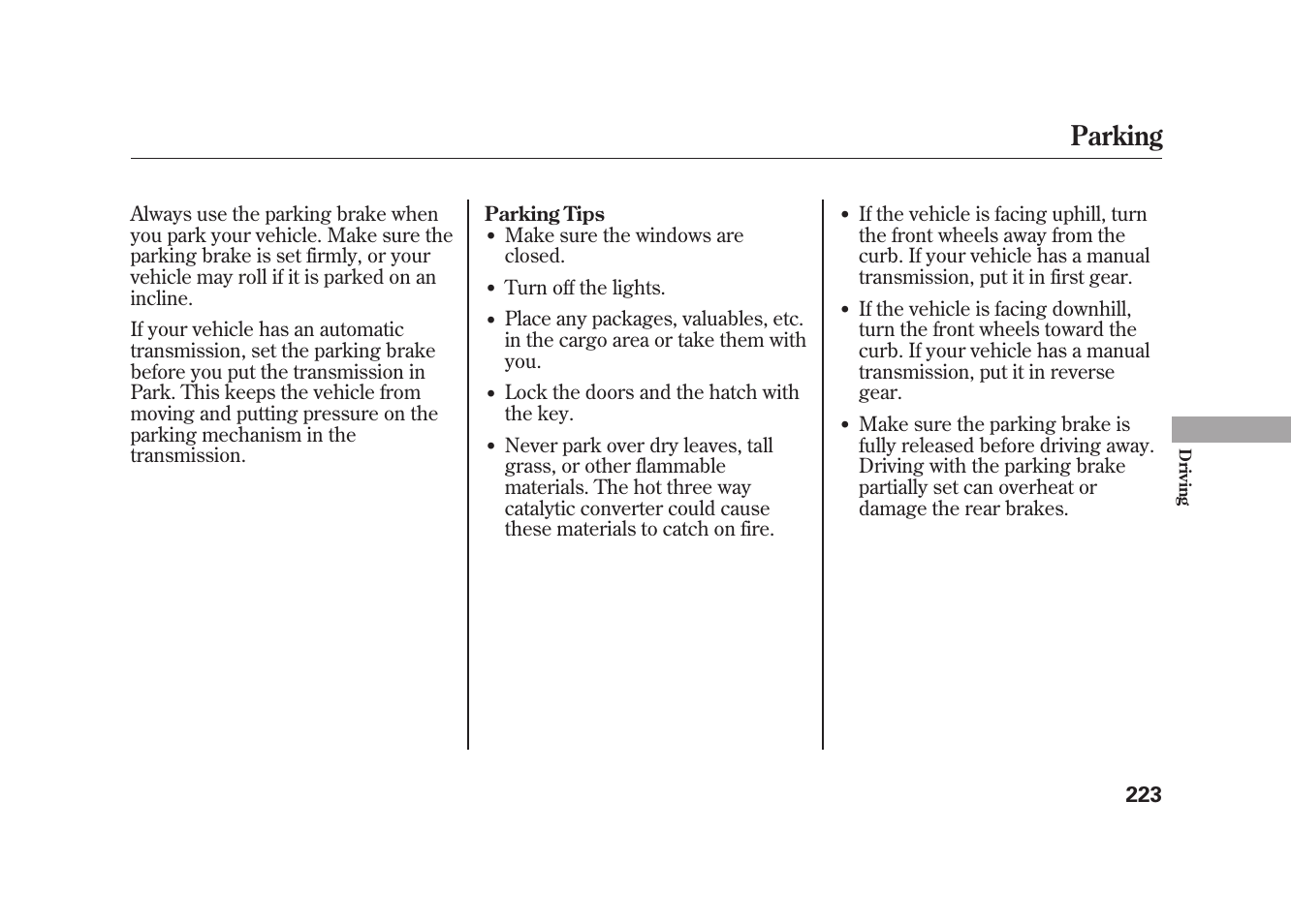 Parking | HONDA 2009 Element User Manual | Page 229 / 346