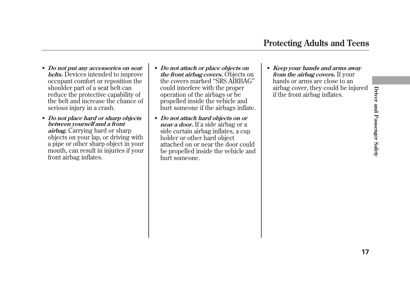 Protecting adults and teens | HONDA 2009 Element User Manual | Page 23 / 346