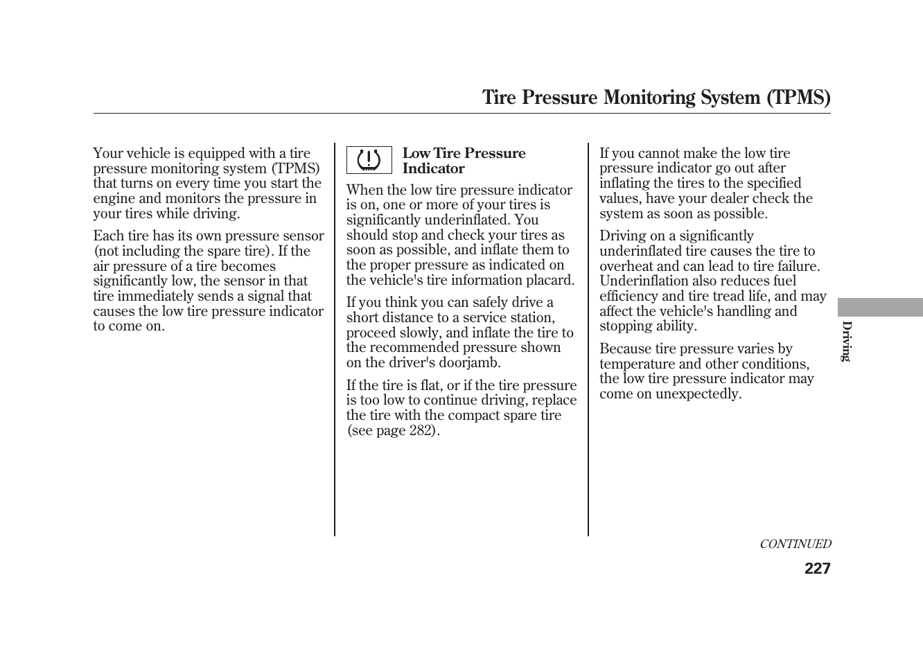 Tire pressure monitoring system (tpms) | HONDA 2009 Element User Manual | Page 233 / 346