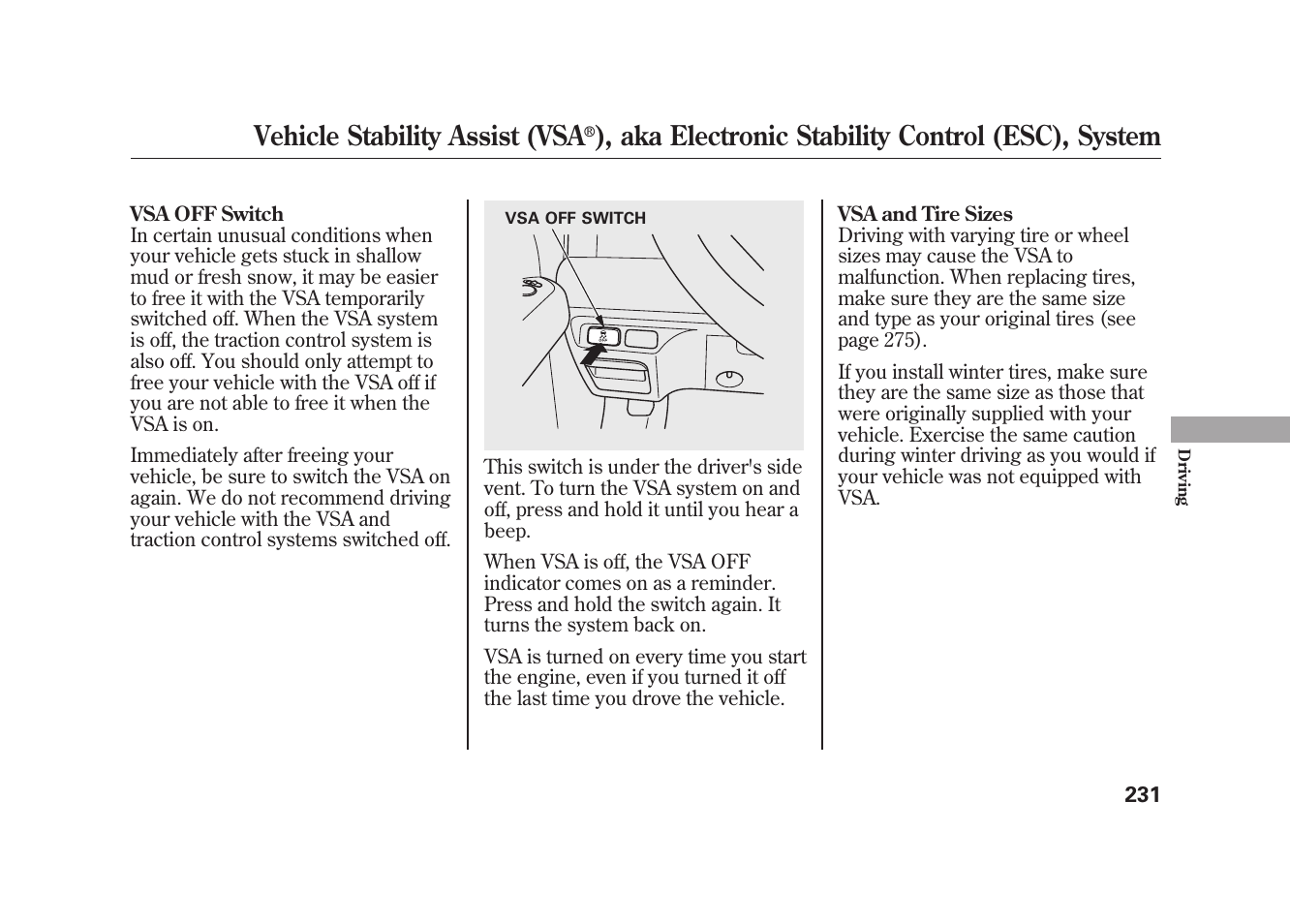 Vehicle stability assist (vsa, Aka electronic stability control (esc), system | HONDA 2009 Element User Manual | Page 237 / 346