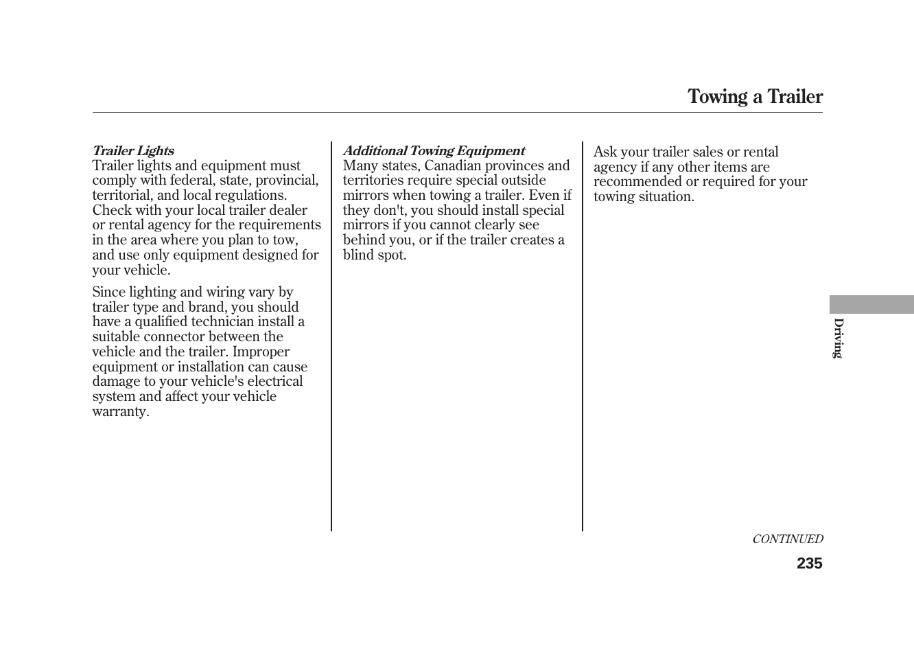 Towing a trailer | HONDA 2009 Element User Manual | Page 241 / 346
