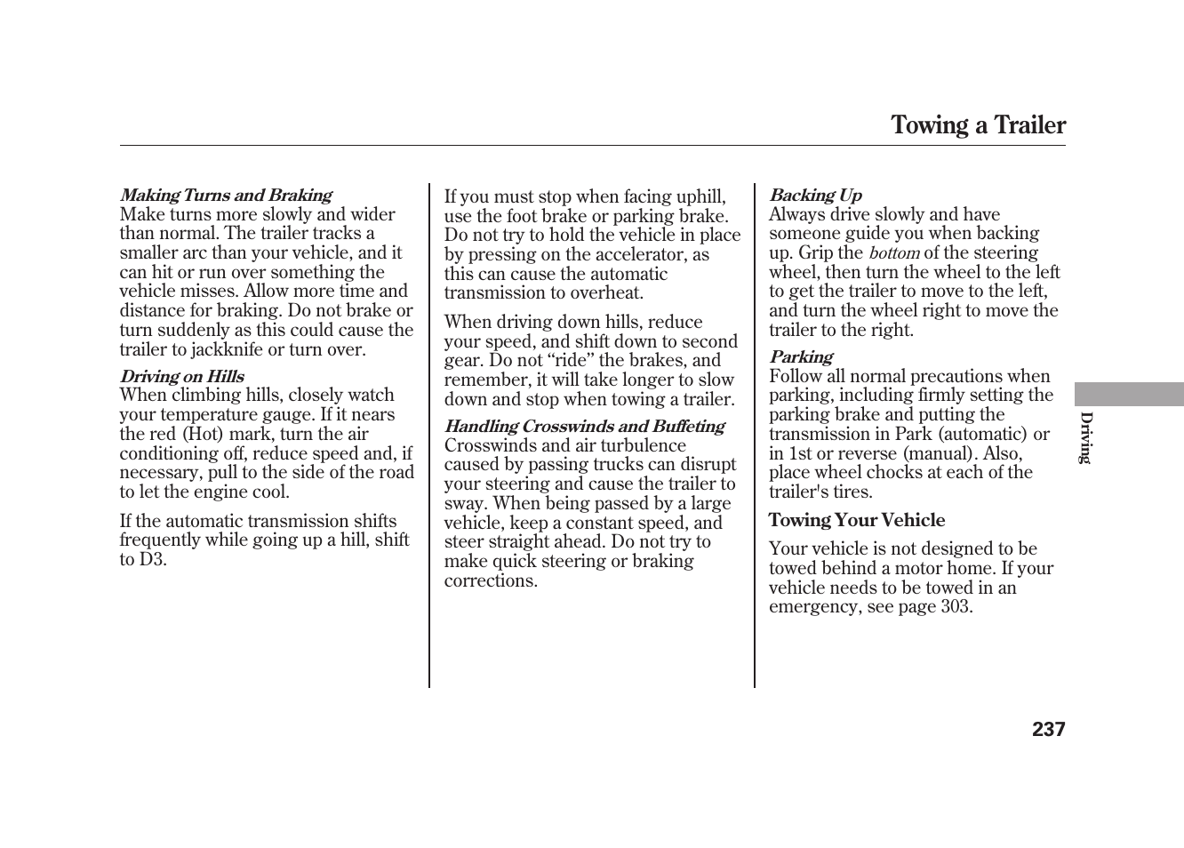 Towing a trailer | HONDA 2009 Element User Manual | Page 243 / 346