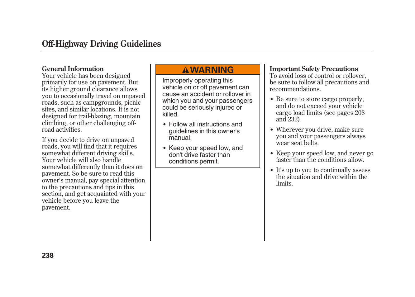 Off-highway driving guidelines | HONDA 2009 Element User Manual | Page 244 / 346