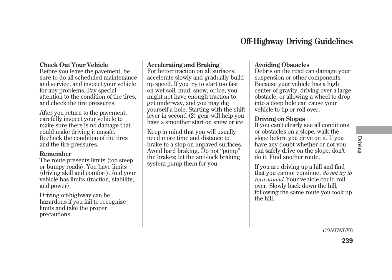 Off-highway driving guidelines | HONDA 2009 Element User Manual | Page 245 / 346