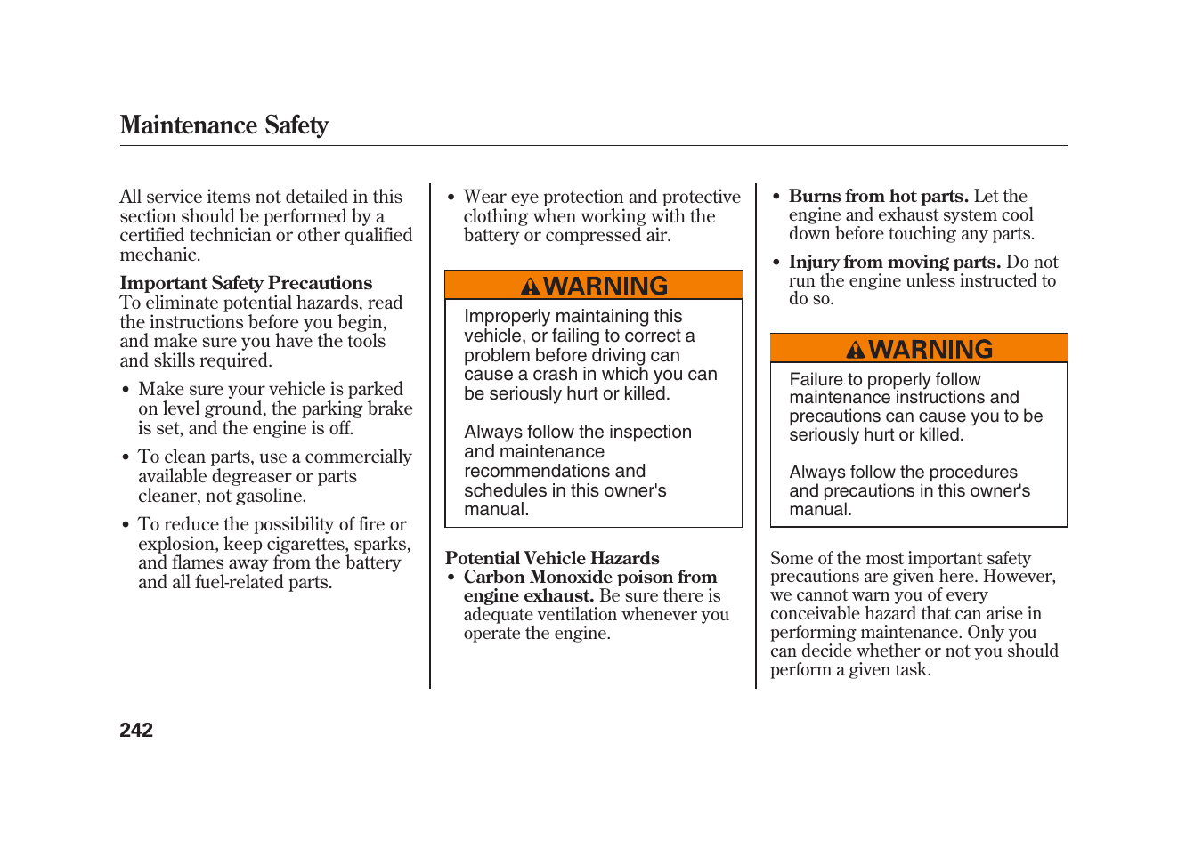 Maintenance safety | HONDA 2009 Element User Manual | Page 248 / 346