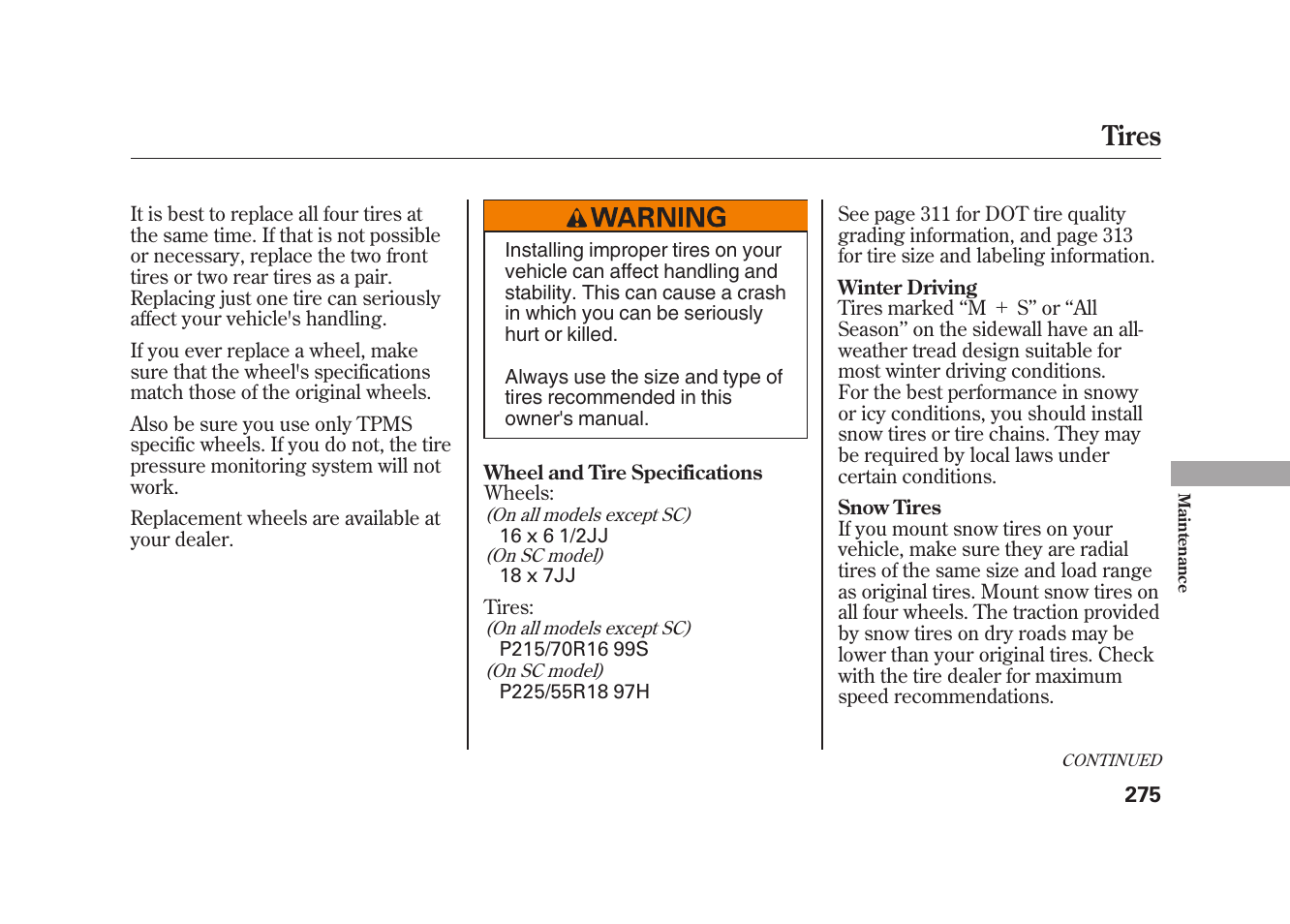 Tires | HONDA 2009 Element User Manual | Page 281 / 346