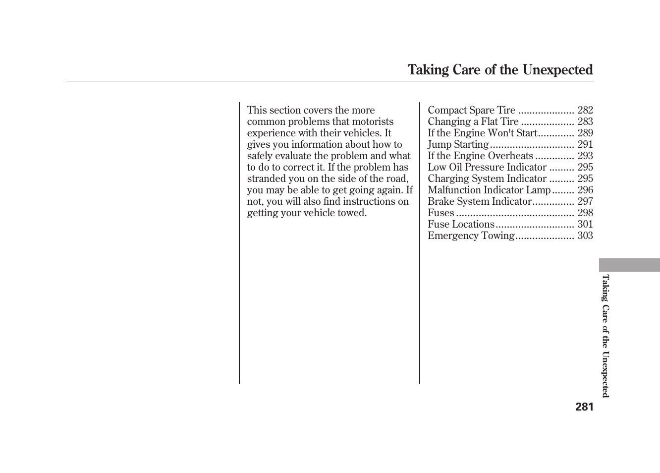 Taking care of the unexpected | HONDA 2009 Element User Manual | Page 287 / 346