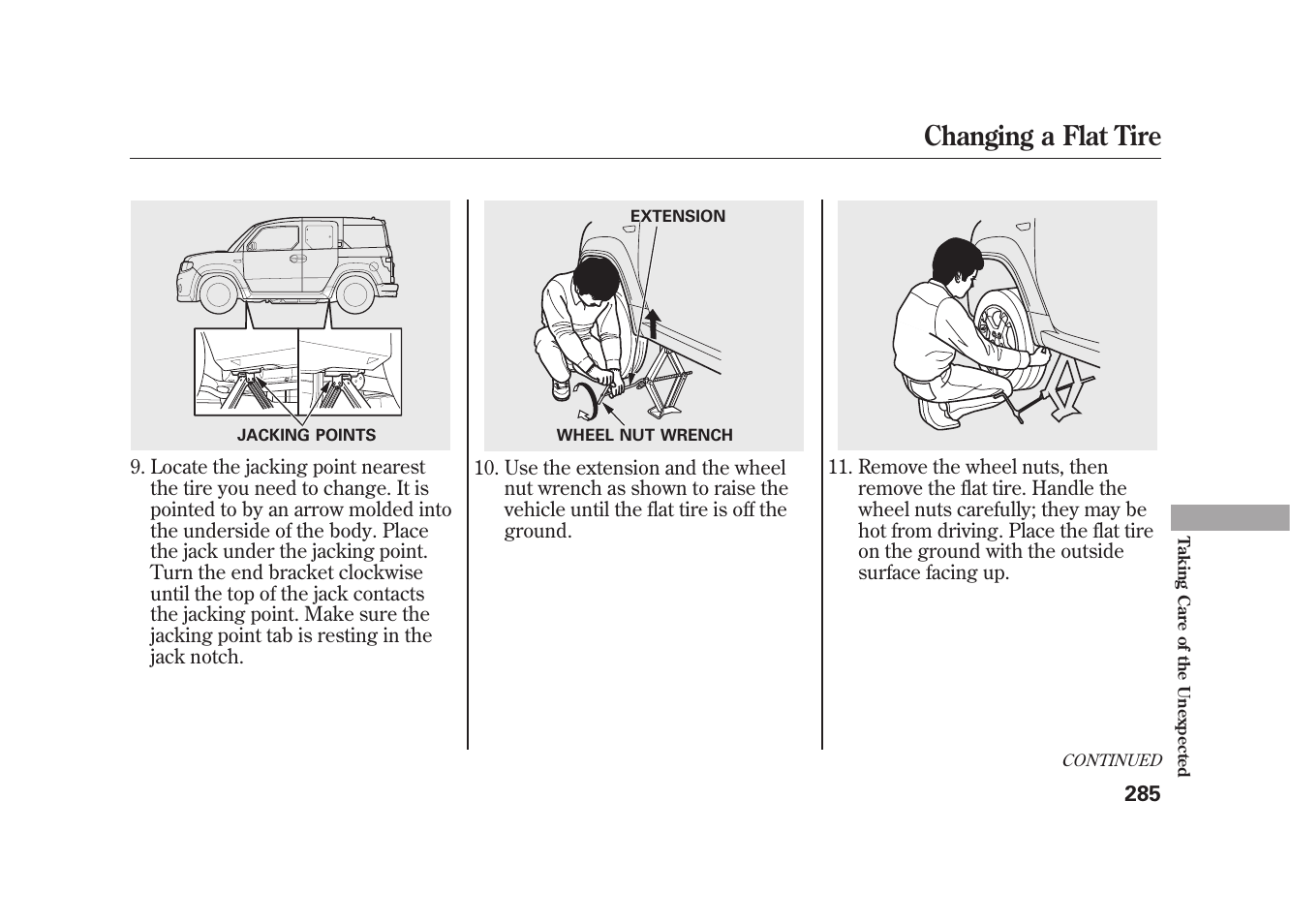 Changing a flat tire | HONDA 2009 Element User Manual | Page 291 / 346