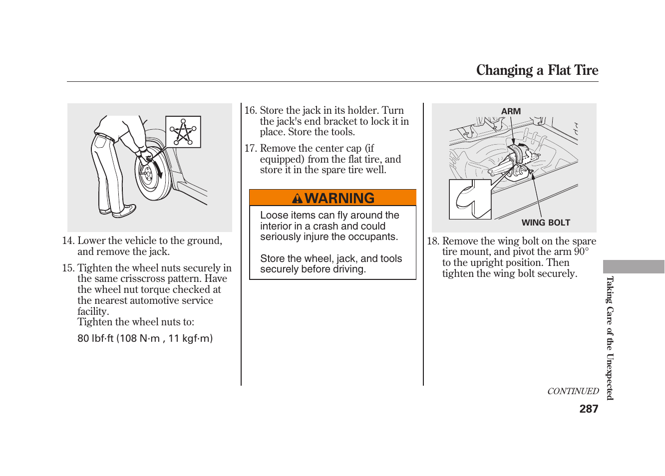Changing a flat tire | HONDA 2009 Element User Manual | Page 293 / 346