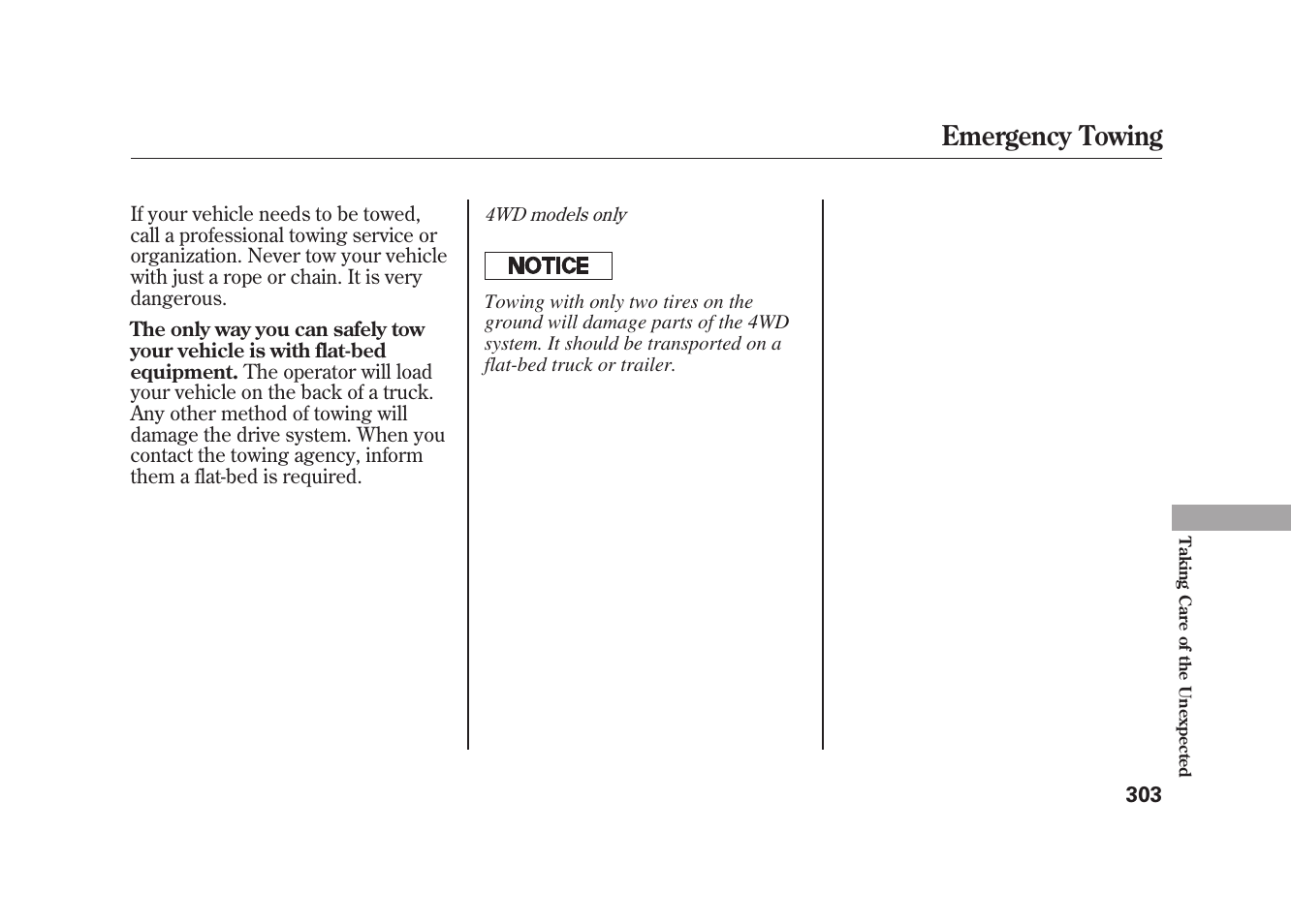Emergency towing | HONDA 2009 Element User Manual | Page 309 / 346