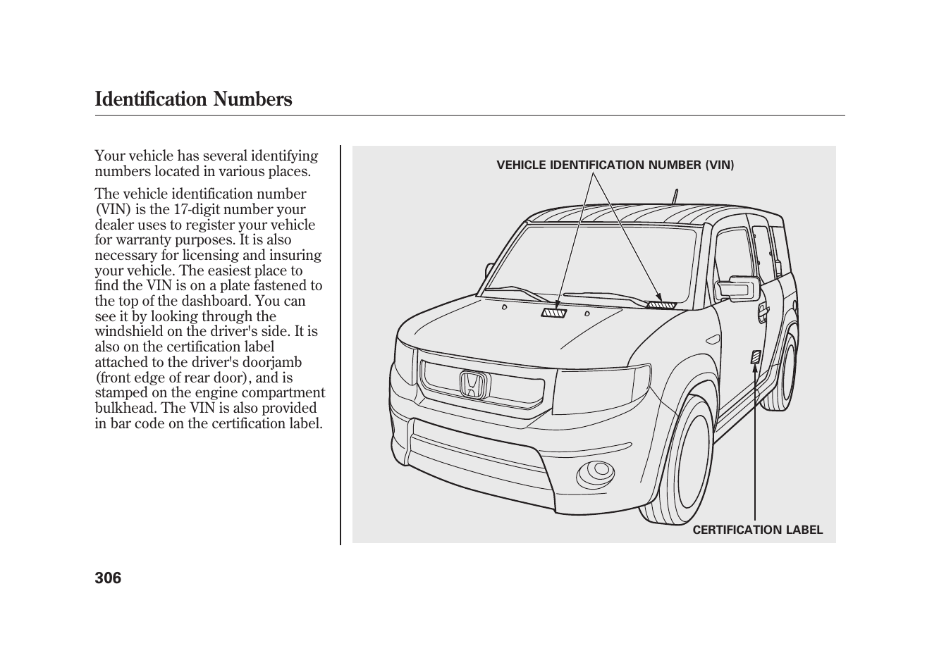 Identification numbers | HONDA 2009 Element User Manual | Page 312 / 346