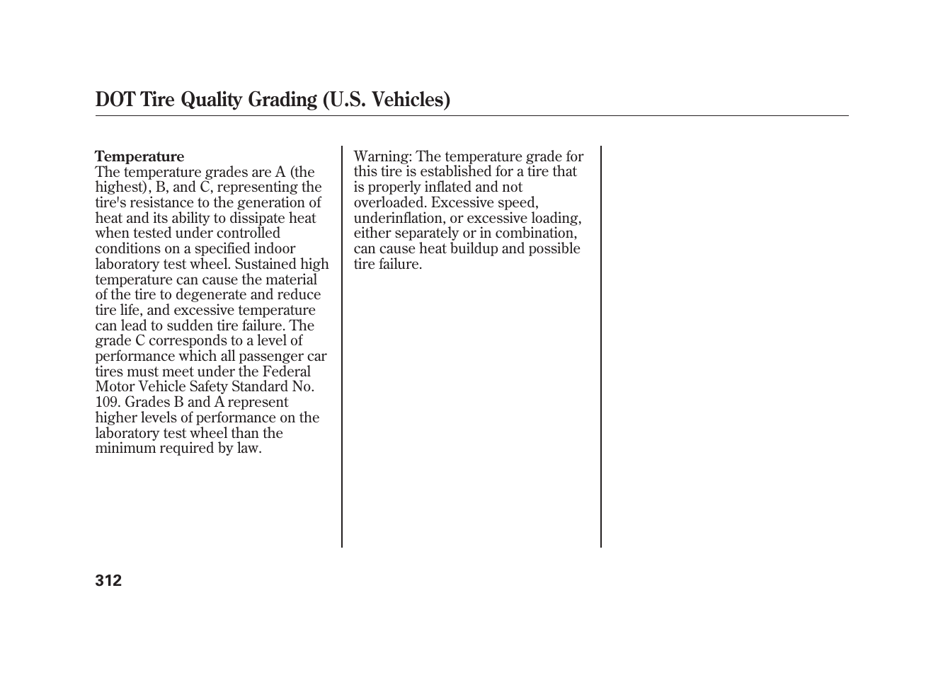 Dot tire quality grading (u.s. vehicles) | HONDA 2009 Element User Manual | Page 318 / 346