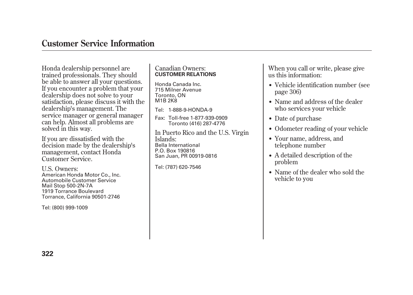 Customer service information | HONDA 2009 Element User Manual | Page 328 / 346