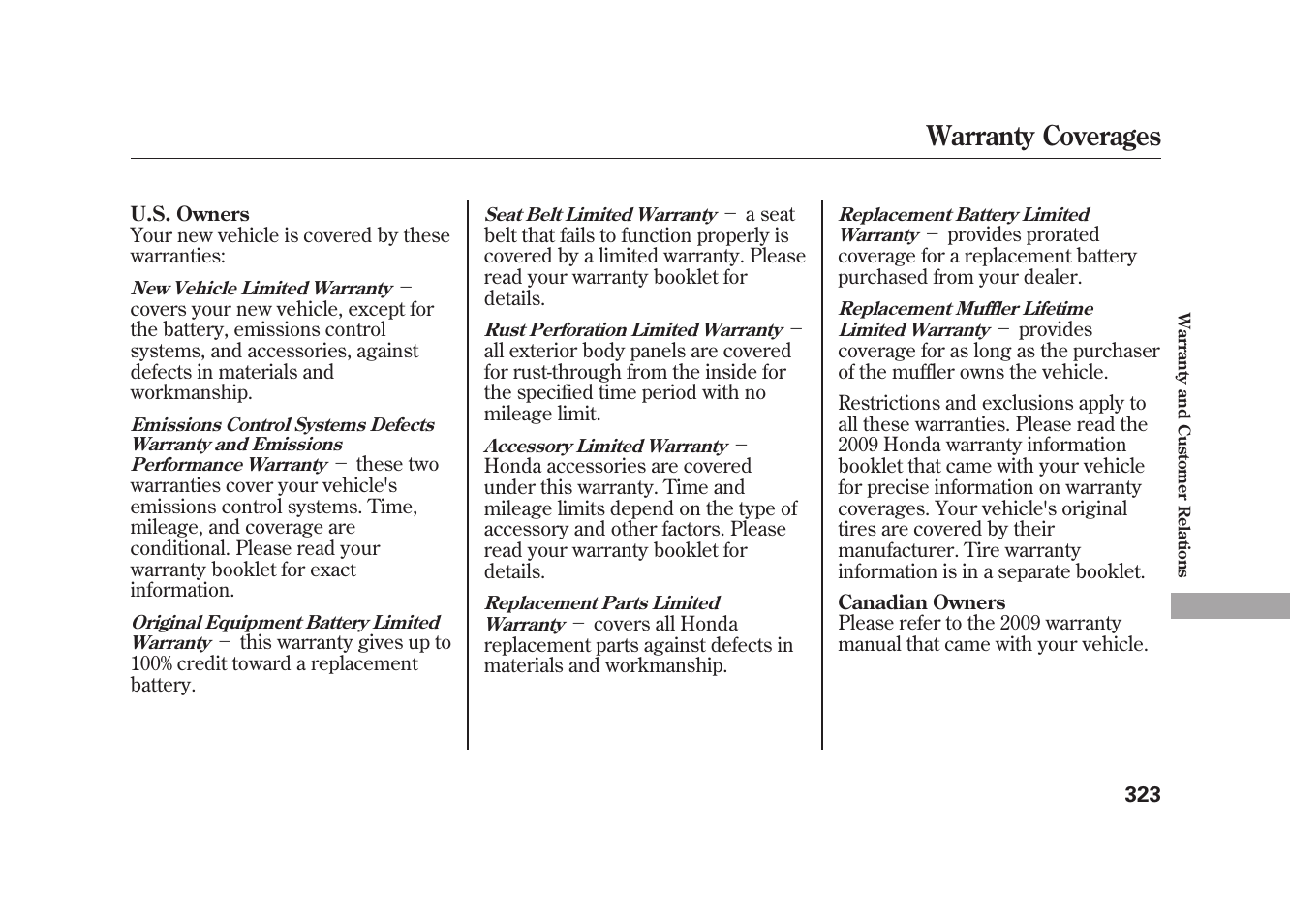 Warranty coverages | HONDA 2009 Element User Manual | Page 329 / 346