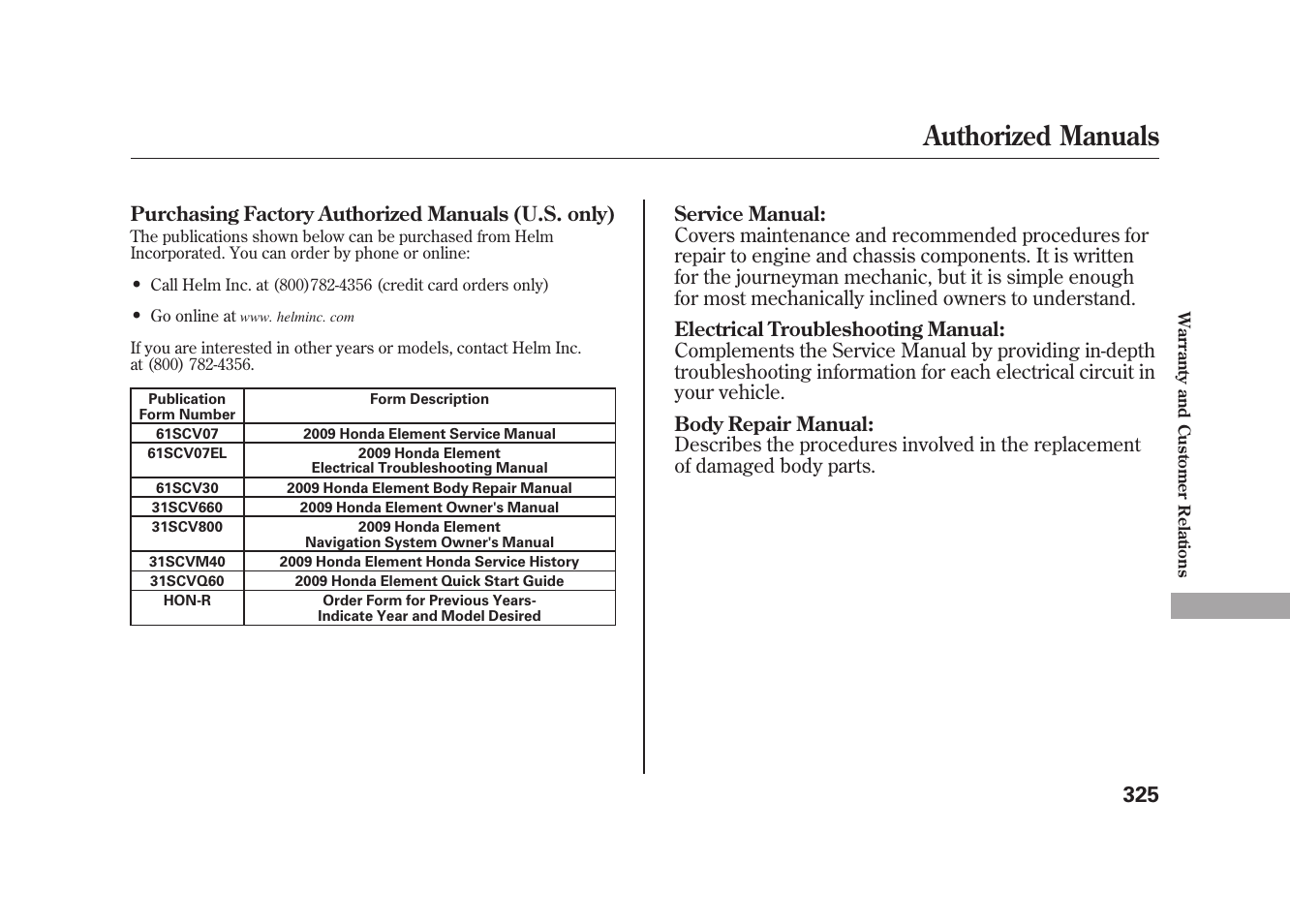 Authorized manuals | HONDA 2009 Element User Manual | Page 331 / 346