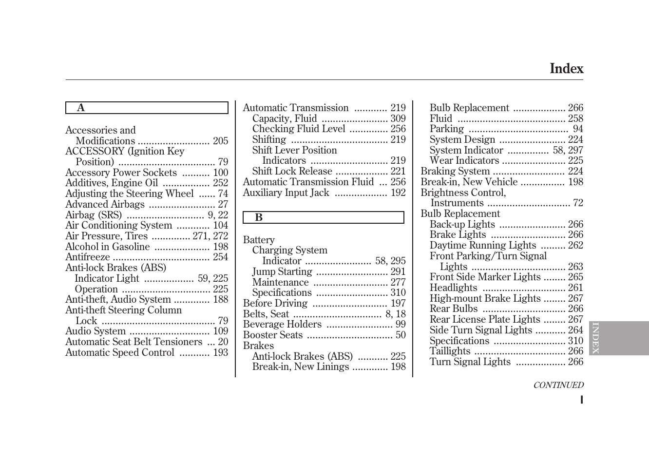 Index | HONDA 2009 Element User Manual | Page 333 / 346