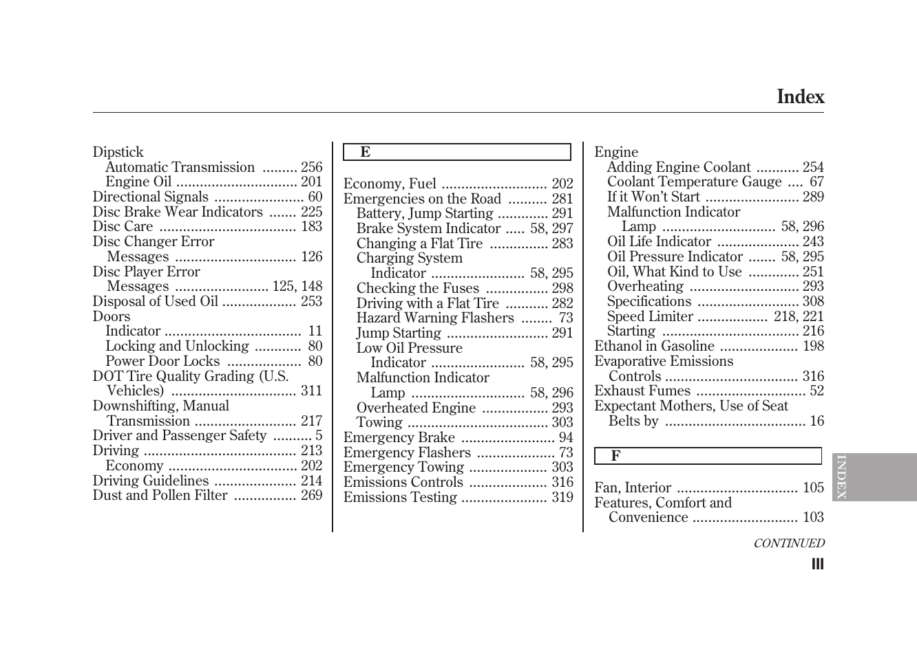 Index | HONDA 2009 Element User Manual | Page 335 / 346