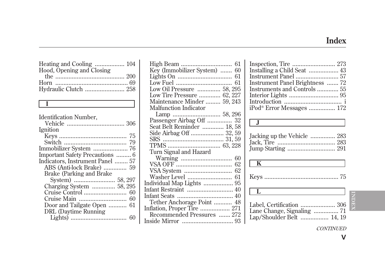 Index | HONDA 2009 Element User Manual | Page 337 / 346
