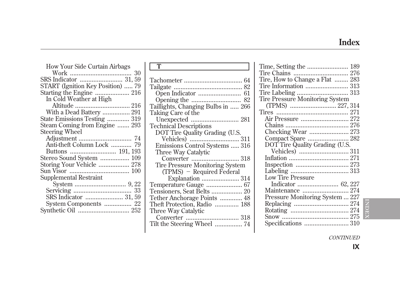Index | HONDA 2009 Element User Manual | Page 341 / 346