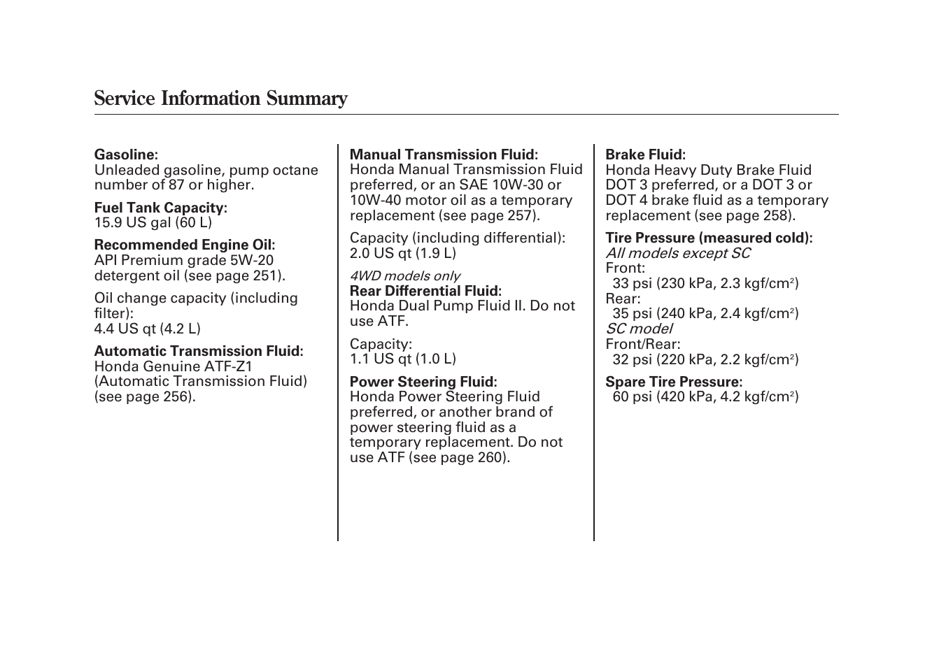 Service information summary | HONDA 2009 Element User Manual | Page 346 / 346