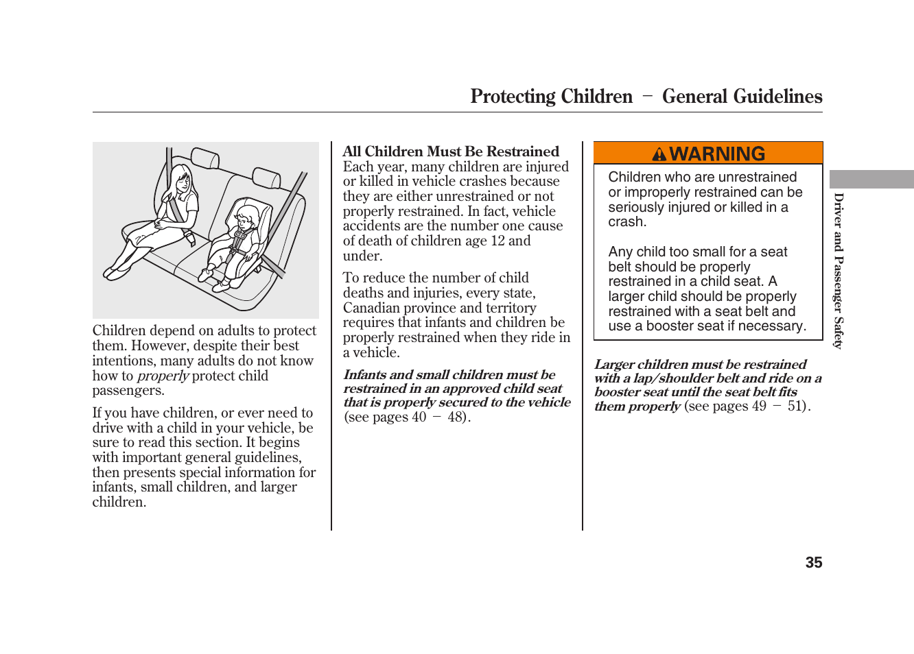 Protecting children － general guidelines | HONDA 2009 Element User Manual | Page 41 / 346