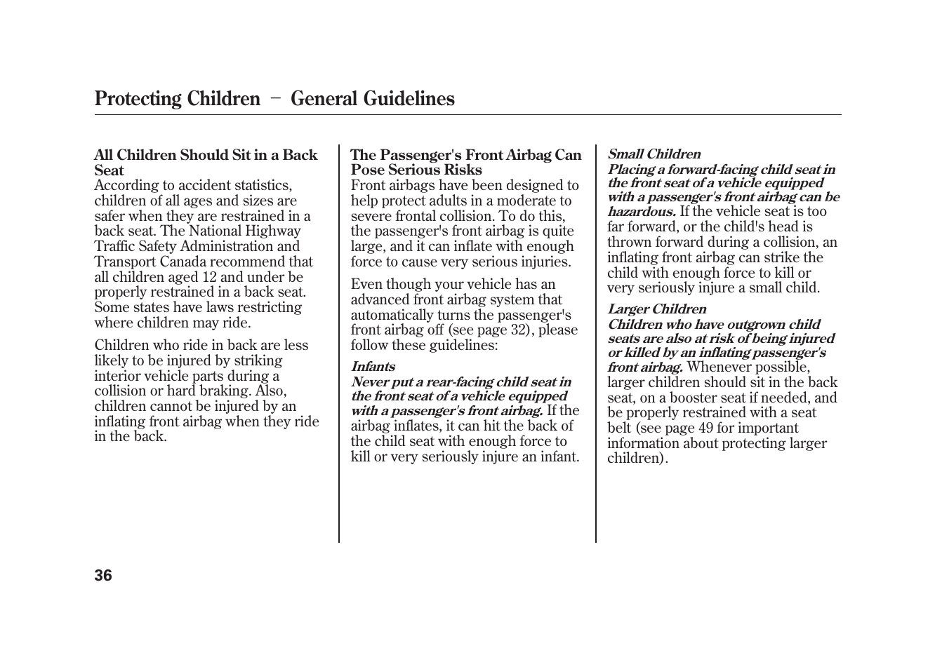 Protecting children － general guidelines | HONDA 2009 Element User Manual | Page 42 / 346