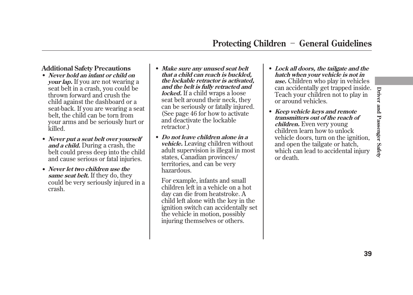 Protecting children － general guidelines | HONDA 2009 Element User Manual | Page 45 / 346