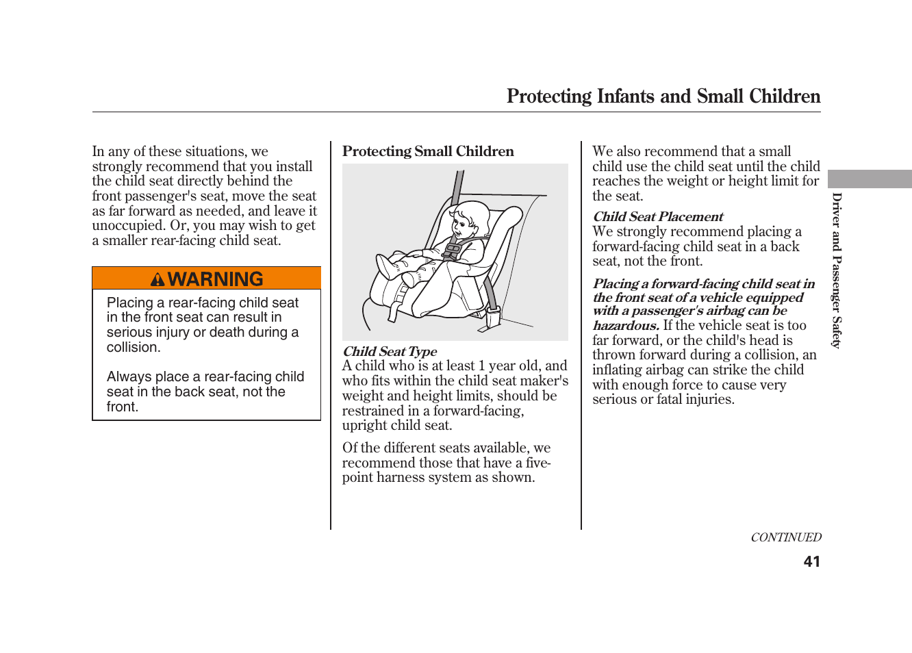 Protecting infants and small children | HONDA 2009 Element User Manual | Page 47 / 346