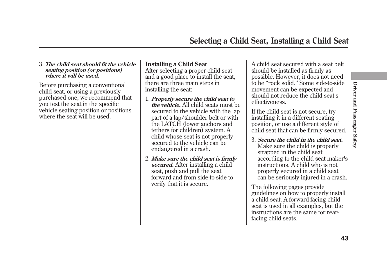 Selecting a child seat, installing a child seat | HONDA 2009 Element User Manual | Page 49 / 346