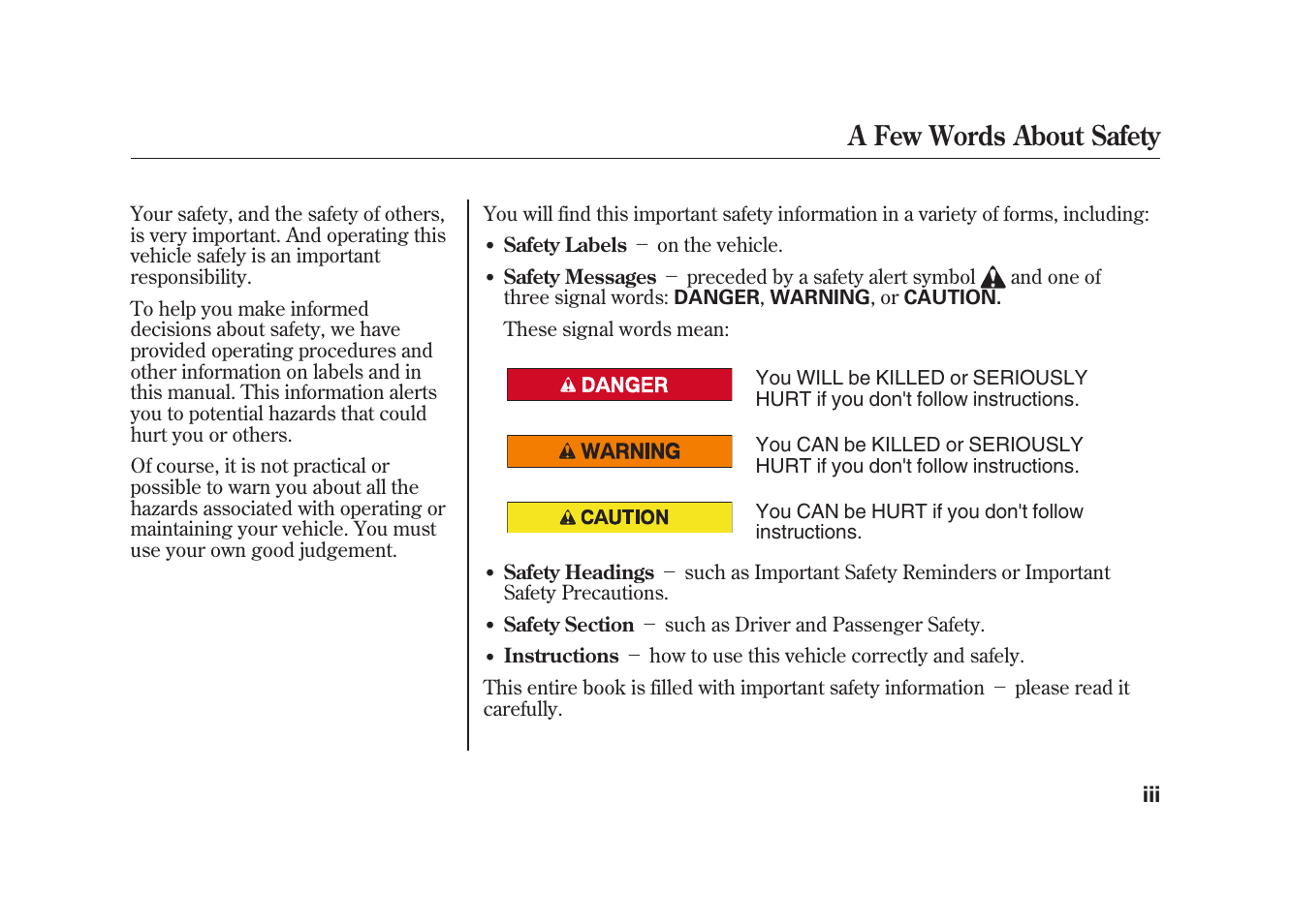 A few words about safety | HONDA 2009 Element User Manual | Page 5 / 346