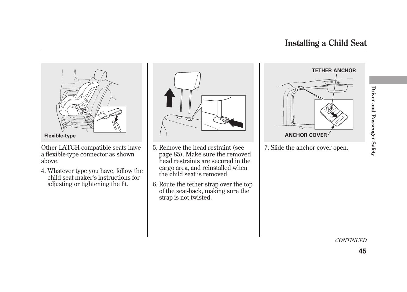 Installing a child seat | HONDA 2009 Element User Manual | Page 51 / 346