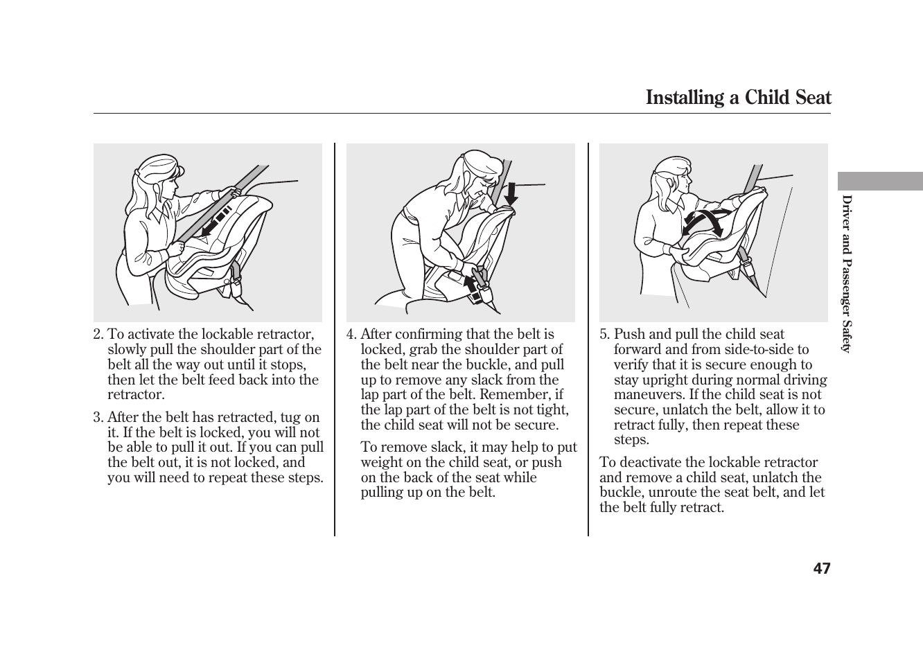 Installing a child seat | HONDA 2009 Element User Manual | Page 53 / 346