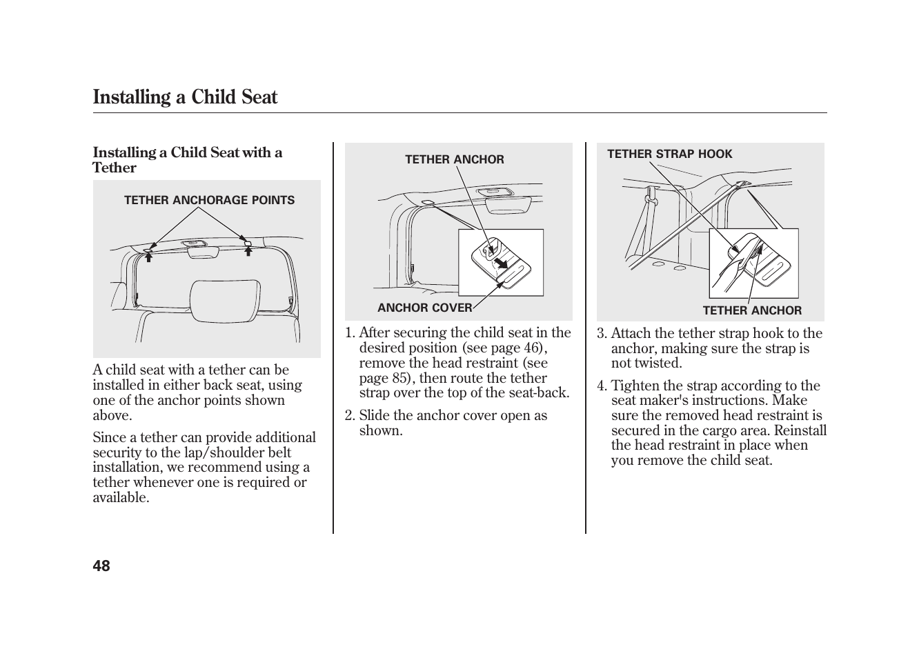 Installing a child seat | HONDA 2009 Element User Manual | Page 54 / 346