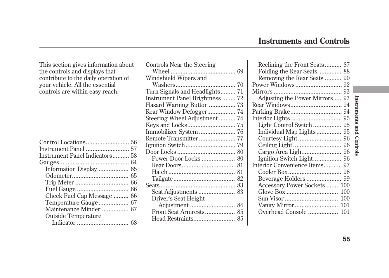 Instruments and controls | HONDA 2009 Element User Manual | Page 61 / 346