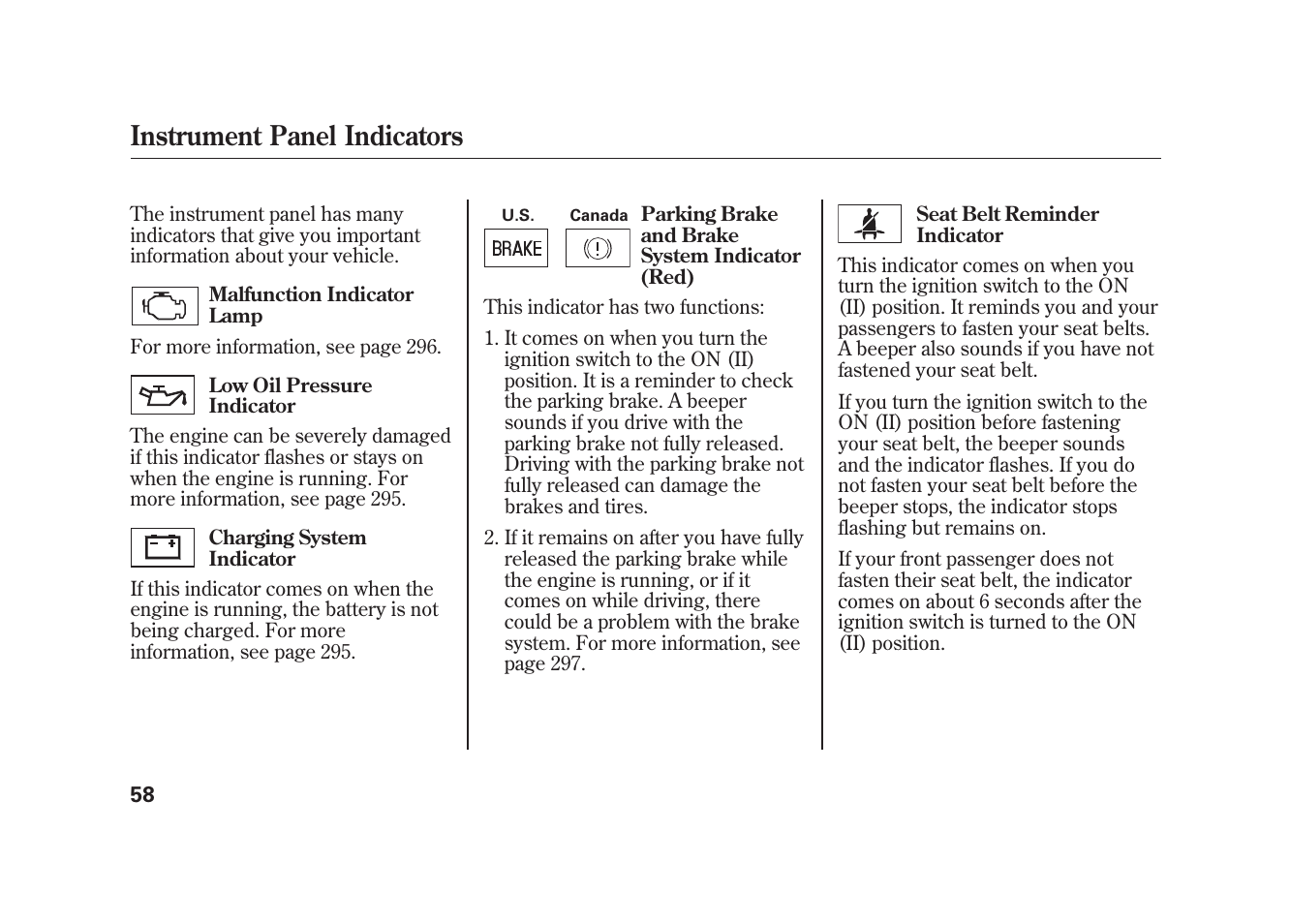 Instrument panel indicators | HONDA 2009 Element User Manual | Page 64 / 346